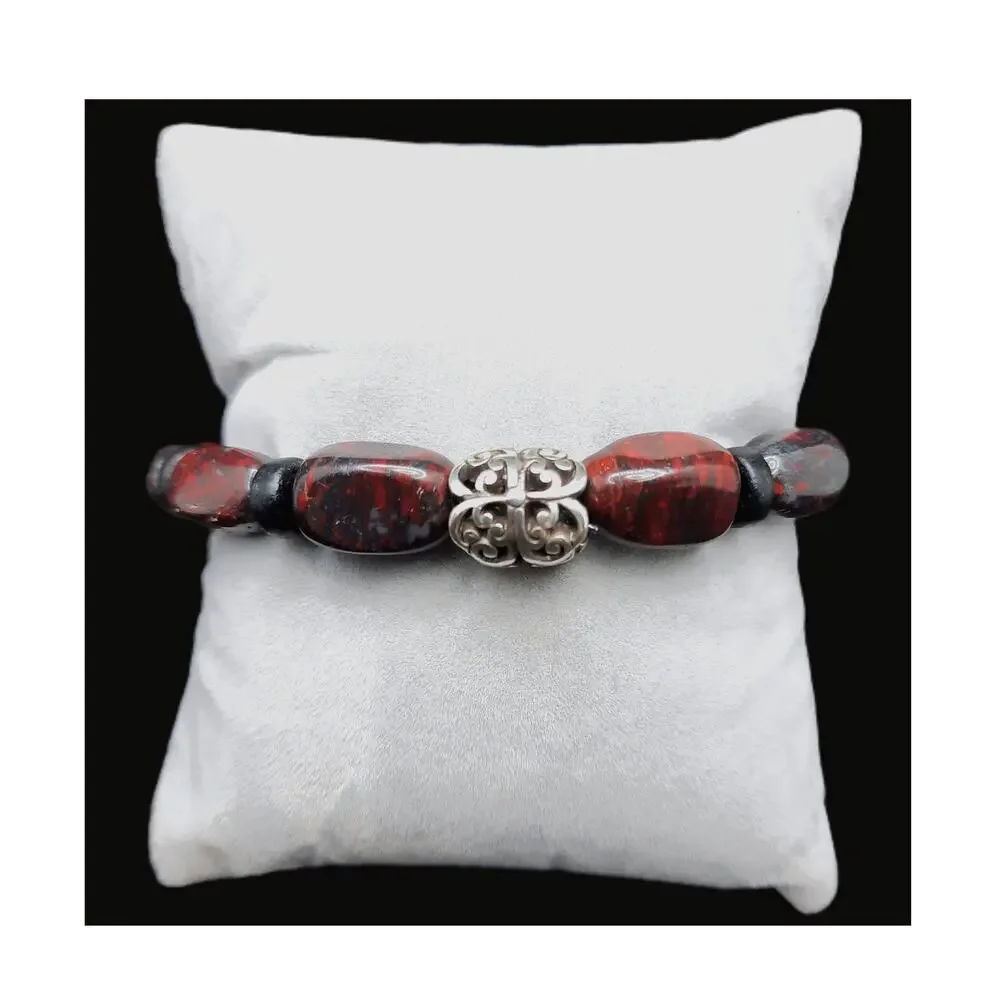 Natural Red Jasper Beaded Bracelet Unisex Black Hematite Earthy Boho Chic NEW